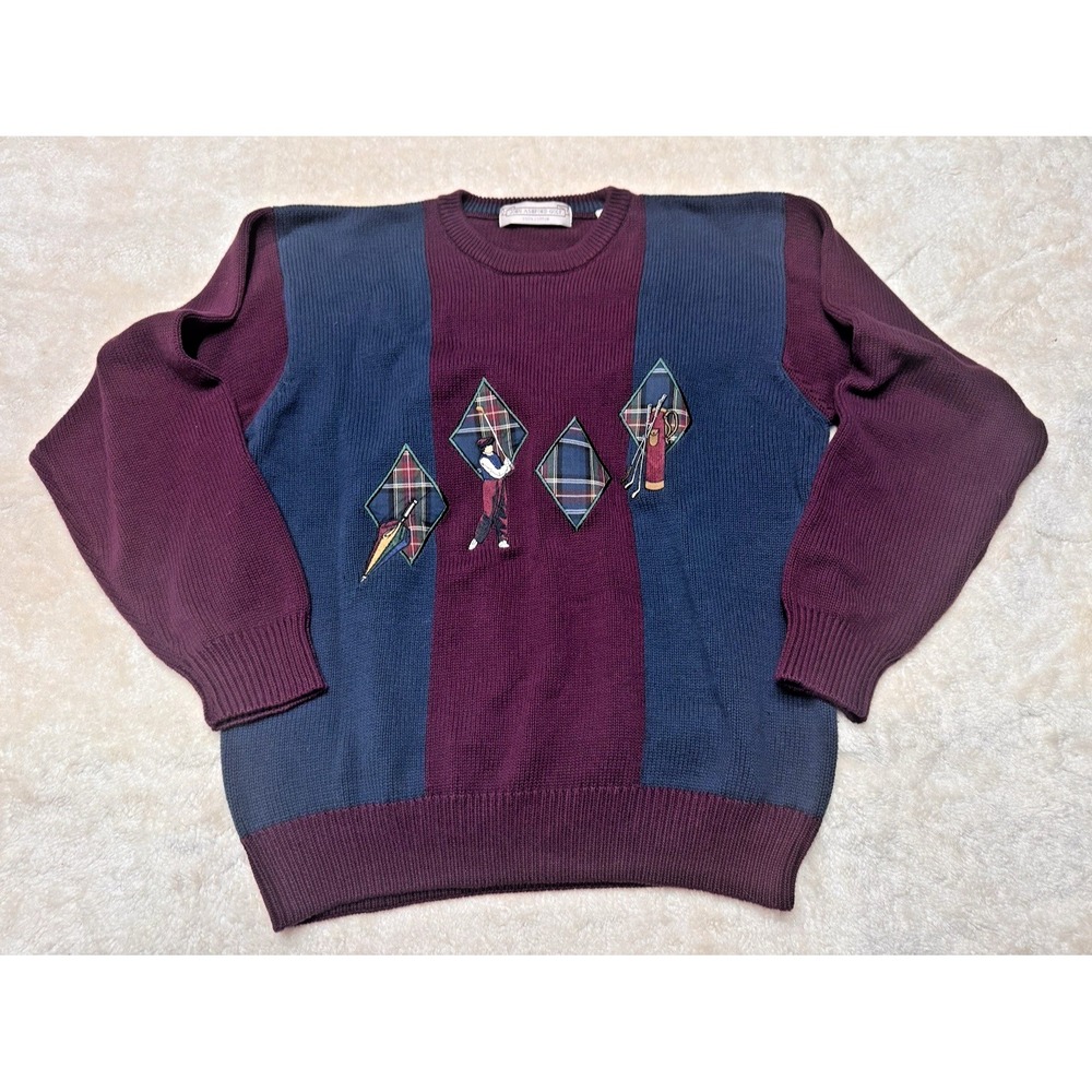 John Ashford Golf Sweater Men L Burgundy Navy Golfcore Vintage Embroidered Retro